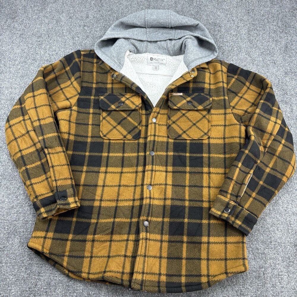 MATIX Men’s M Plaid Hooded Shacket Sherpa Lined Polar Fleece Jacket Brown